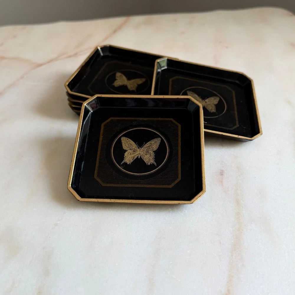 Vintage Otagiri Papillon Lacquer Coasters Set of 6 Black Gold Butterfly Japan